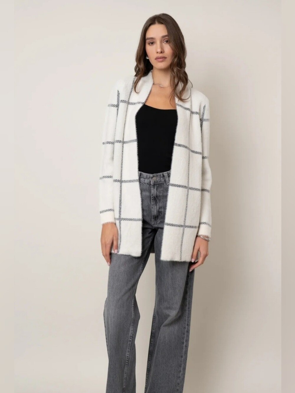 Cyrus White Windowpane Open-Front Cardigan Womens Size XL